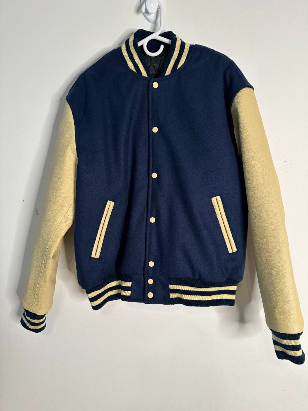 Stewart & Strauss Navy Blue Wool & Crème Genuine Leather Varsity Jacket Size L